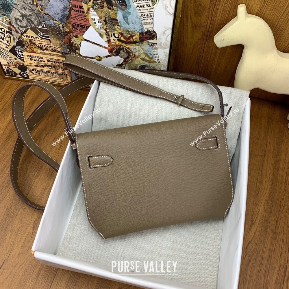Hermes Kelly Depeches 25 Pouch in Original Epsom Leather Etoupe/Silver 2024 (Full Handmade) (XYA-24041008)
