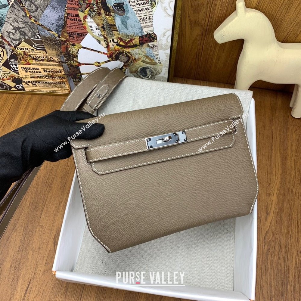 Hermes Kelly Depeches 25 Pouch in Original Epsom Leather Etoupe/Silver 2024 (Full Handmade) (XYA-24041008)
