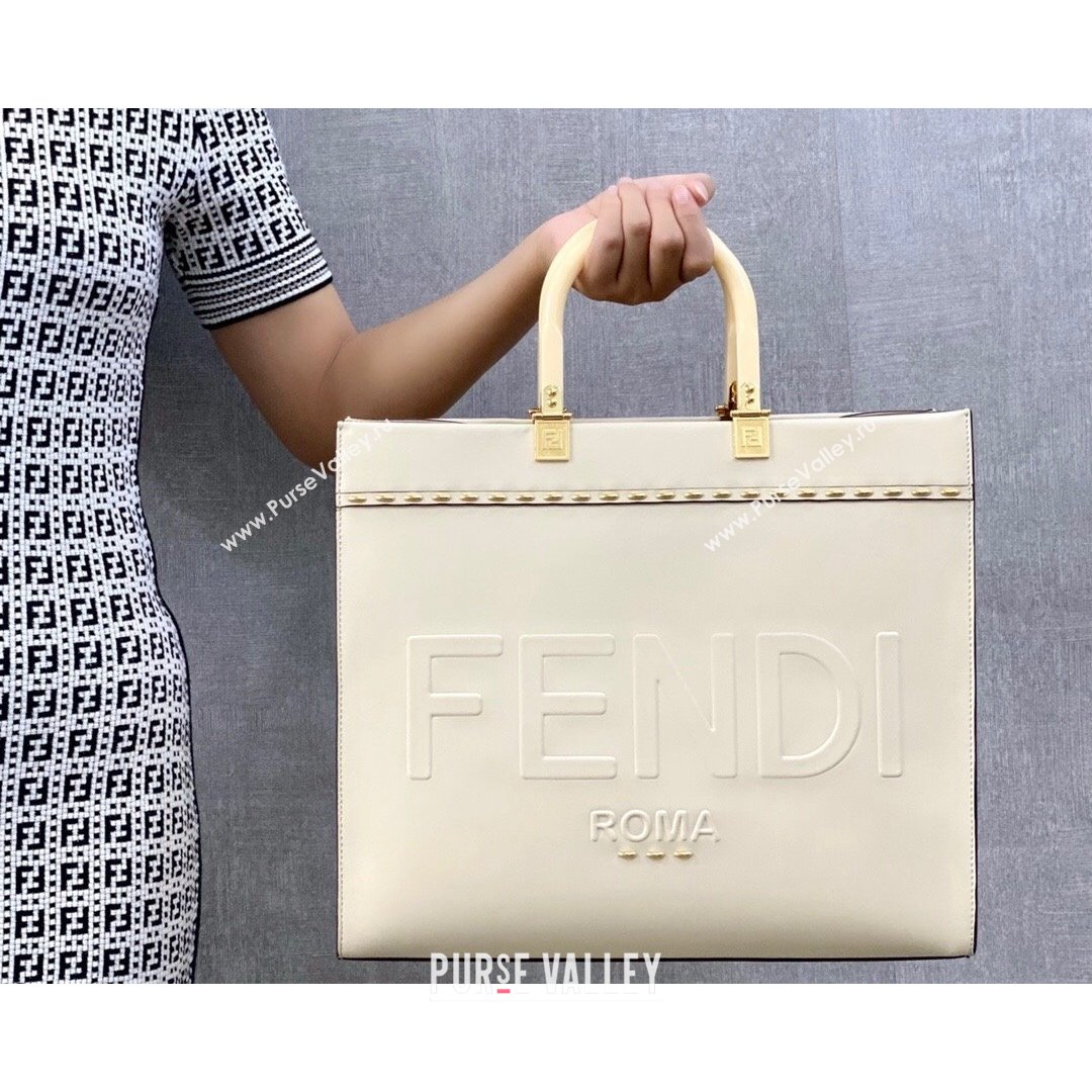 Fendi Sunshine Medium Shopper Tote Bag in Metal Stitched Leather White 2021 (CL-21090640)