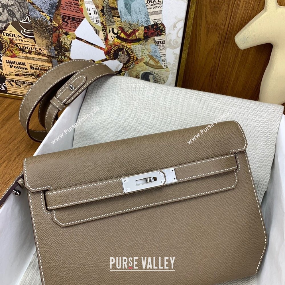Hermes Kelly Depeches 25 Pouch in Original Epsom Leather Etoupe/Silver 2024 (Full Handmade) (XYA-24041008)