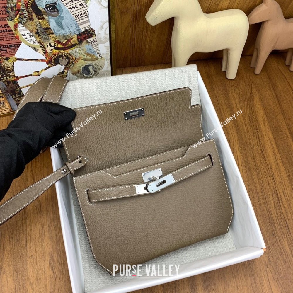 Hermes Kelly Depeches 25 Pouch in Original Epsom Leather Etoupe/Silver 2024 (Full Handmade) (XYA-24041008)