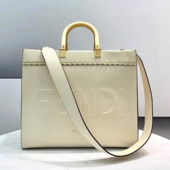 Fendi Sunshine Medium Shopper Tote Bag in Metal Stitched Leather White 2021 (CL-21090640)