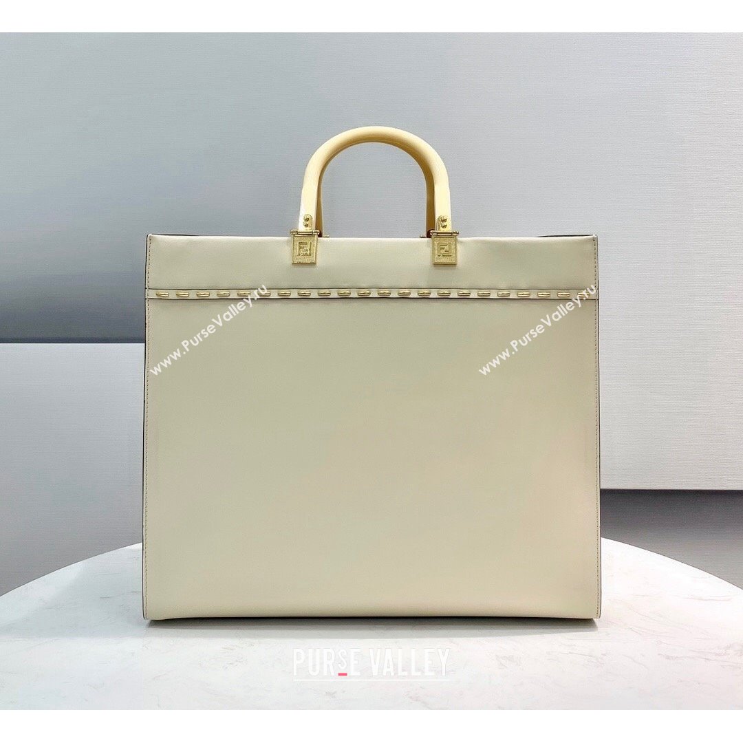 Fendi Sunshine Medium Shopper Tote Bag in Metal Stitched Leather White 2021 (CL-21090640)