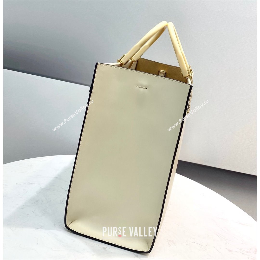 Fendi Sunshine Medium Shopper Tote Bag in Metal Stitched Leather White 2021 (CL-21090640)