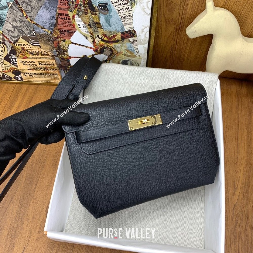 Hermes Kelly Depeches 25 Pouch in Original Epsom Leather Black/Gold 2024 (Full Handmade) (XYA-24041009)