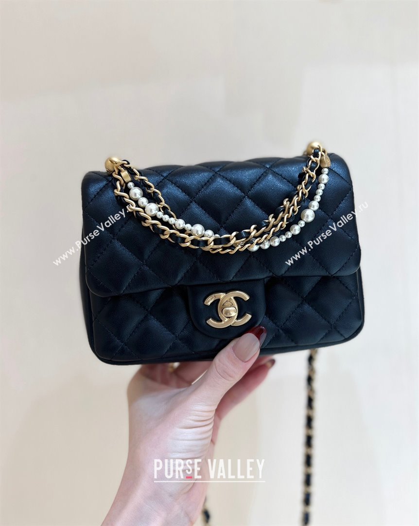 Chanel Shiny Lambskin Mini Flap Bag with Chain and Pearls AS4385 Black 2024 Top Quality (SHUNY-24091208)