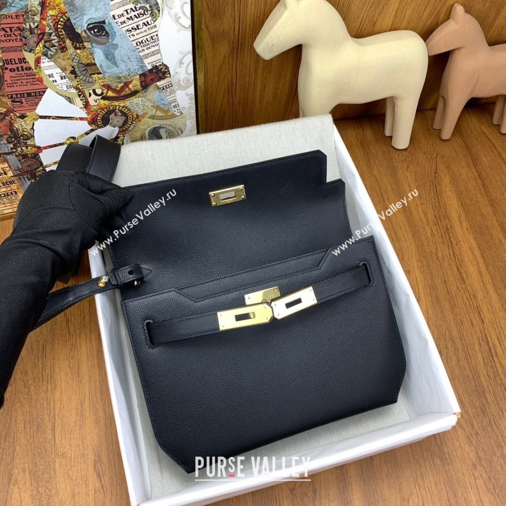 Hermes Kelly Depeches 25 Pouch in Original Epsom Leather Black/Gold 2024 (Full Handmade) (XYA-24041009)