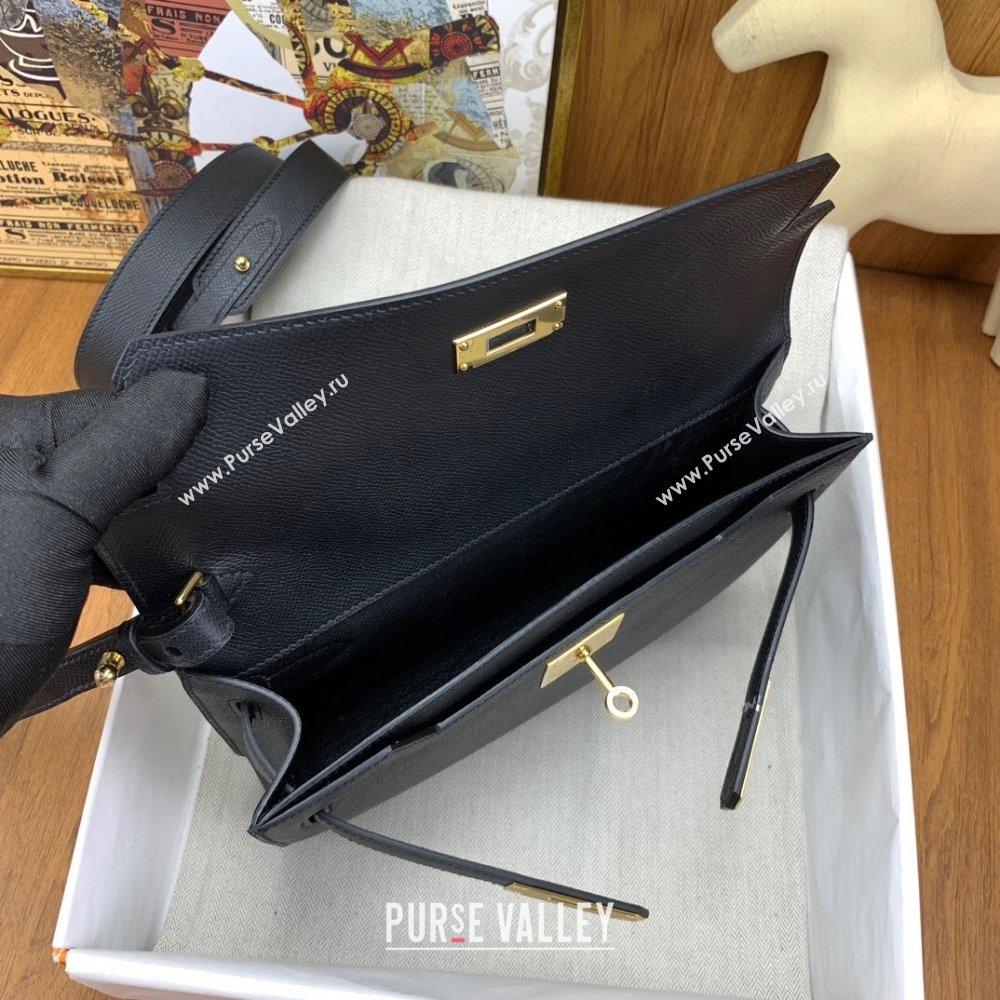 Hermes Kelly Depeches 25 Pouch in Original Epsom Leather Black/Gold 2024 (Full Handmade) (XYA-24041009)