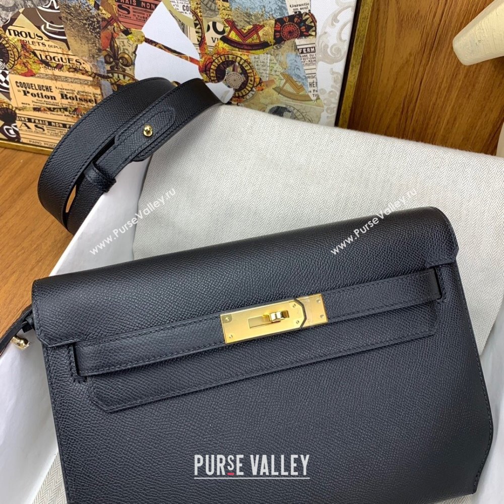 Hermes Kelly Depeches 25 Pouch in Original Epsom Leather Black/Gold 2024 (Full Handmade) (XYA-24041009)