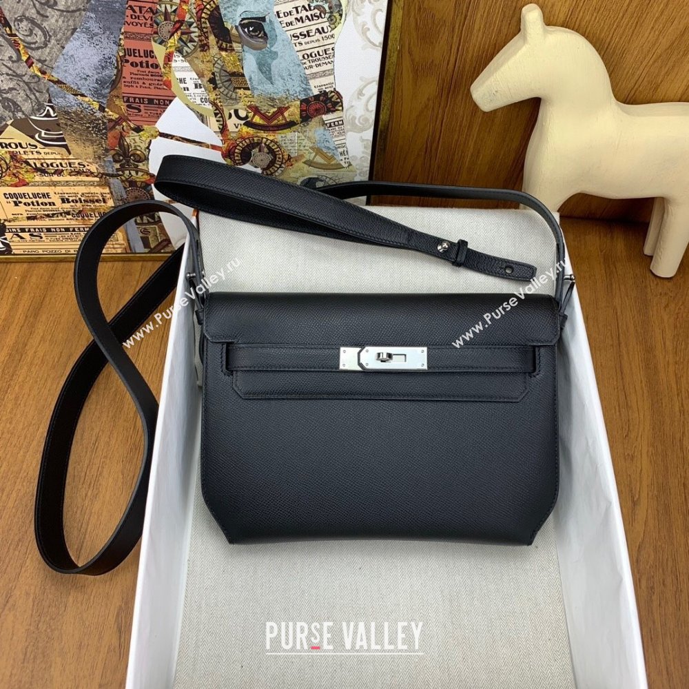 Hermes Kelly Depeches 25 Pouch in Original Epsom Leather Black/Silver 2024 (Full Handmade) (XYA-24041011)