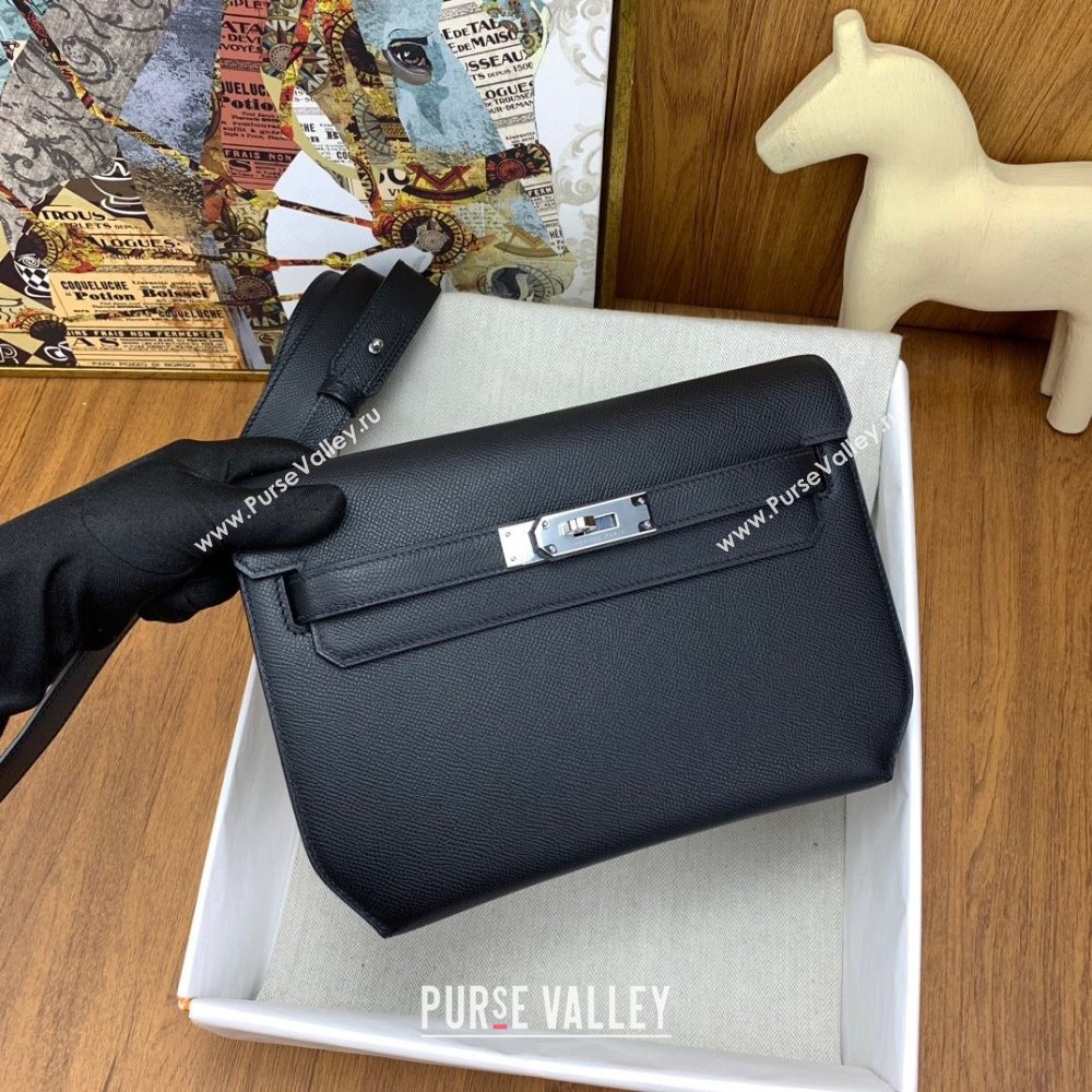 Hermes Kelly Depeches 25 Pouch in Original Epsom Leather Black/Silver 2024 (Full Handmade) (XYA-24041011)