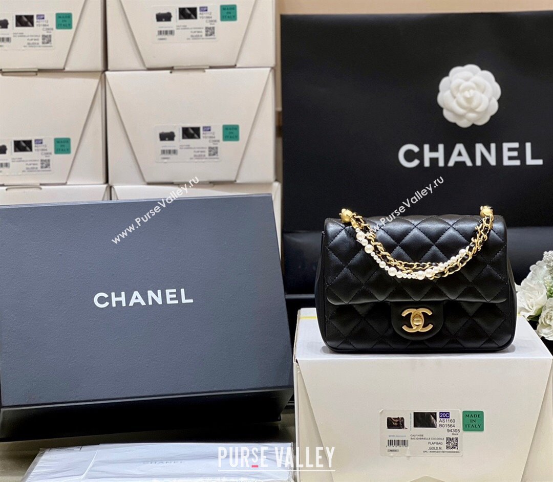 Chanel Shiny Lambskin Mini Flap Bag with Chain and Pearls AS4385 Black 2024 Top Quality (SHUNY-24091208)