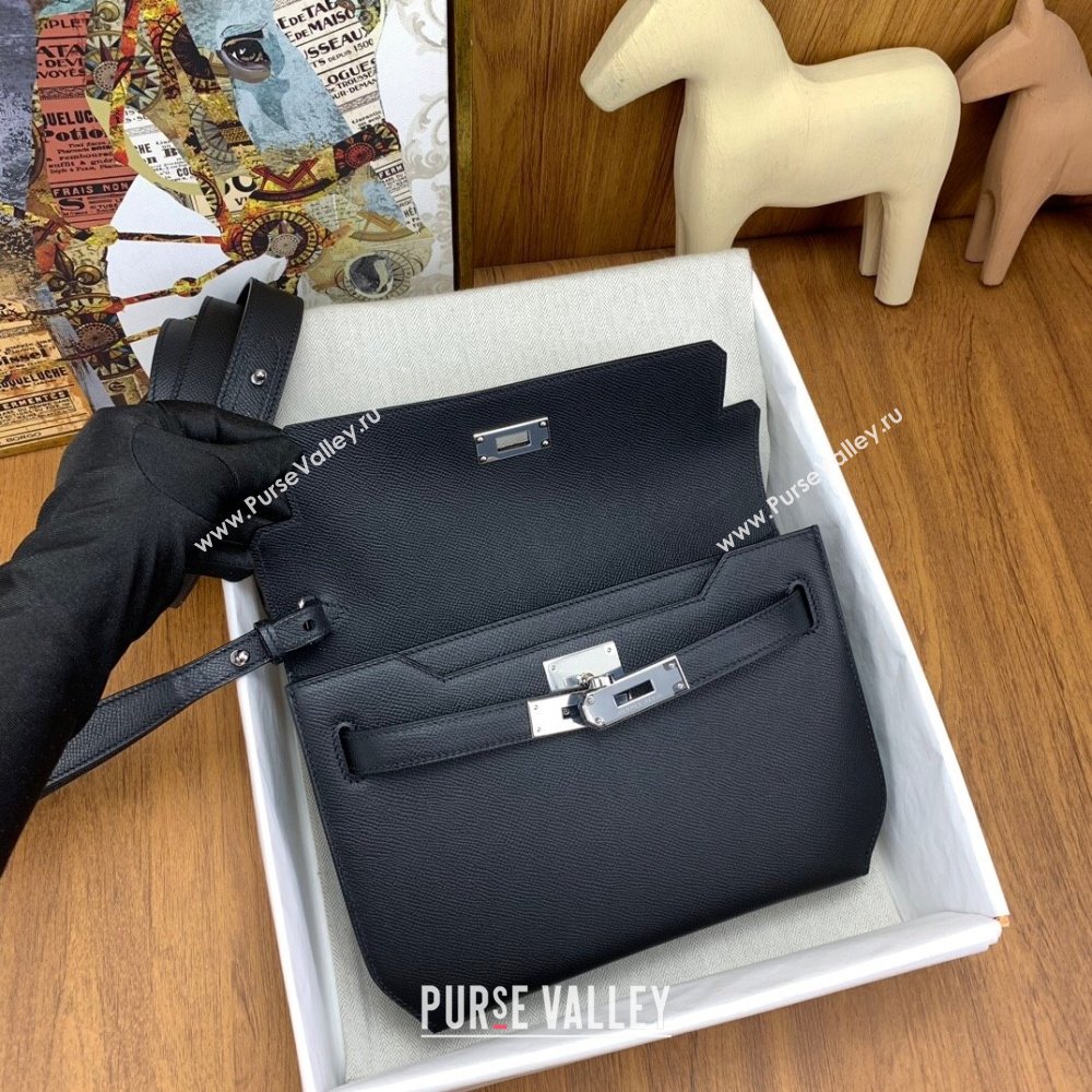 Hermes Kelly Depeches 25 Pouch in Original Epsom Leather Black/Silver 2024 (Full Handmade) (XYA-24041011)