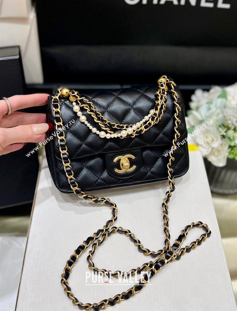 Chanel Shiny Lambskin Mini Flap Bag with Chain and Pearls AS4385 Black 2024 Top Quality (SHUNY-24091208)