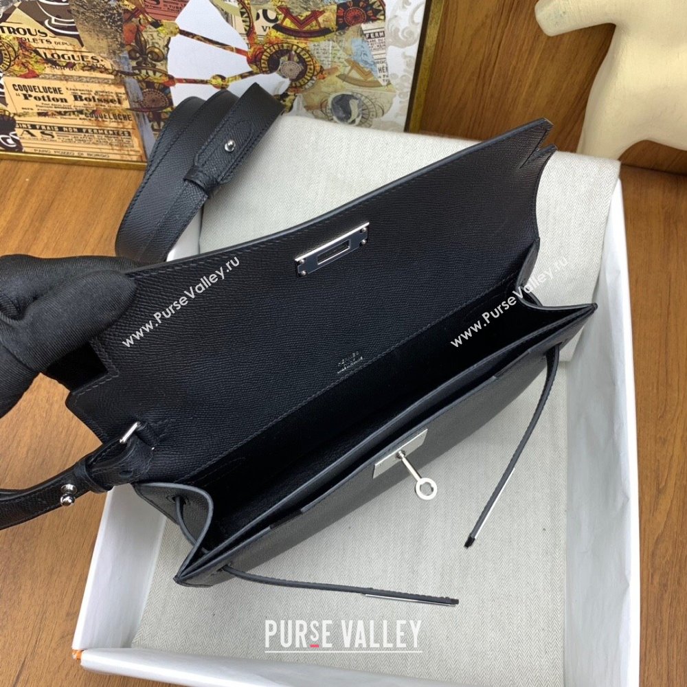 Hermes Kelly Depeches 25 Pouch in Original Epsom Leather Black/Silver 2024 (Full Handmade) (XYA-24041011)