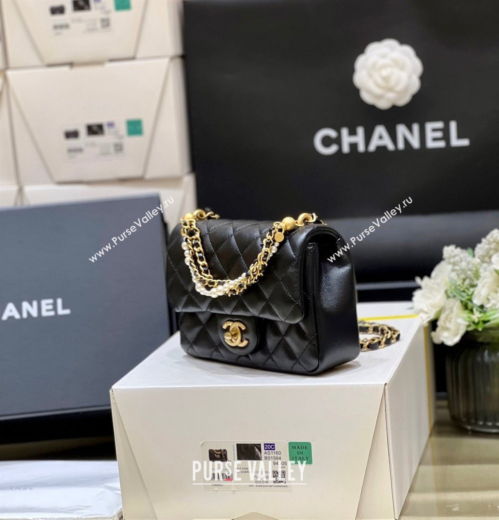 Chanel Shiny Lambskin Mini Flap Bag with Chain and Pearls AS4385 Black 2024 Top Quality (SHUNY-24091208)