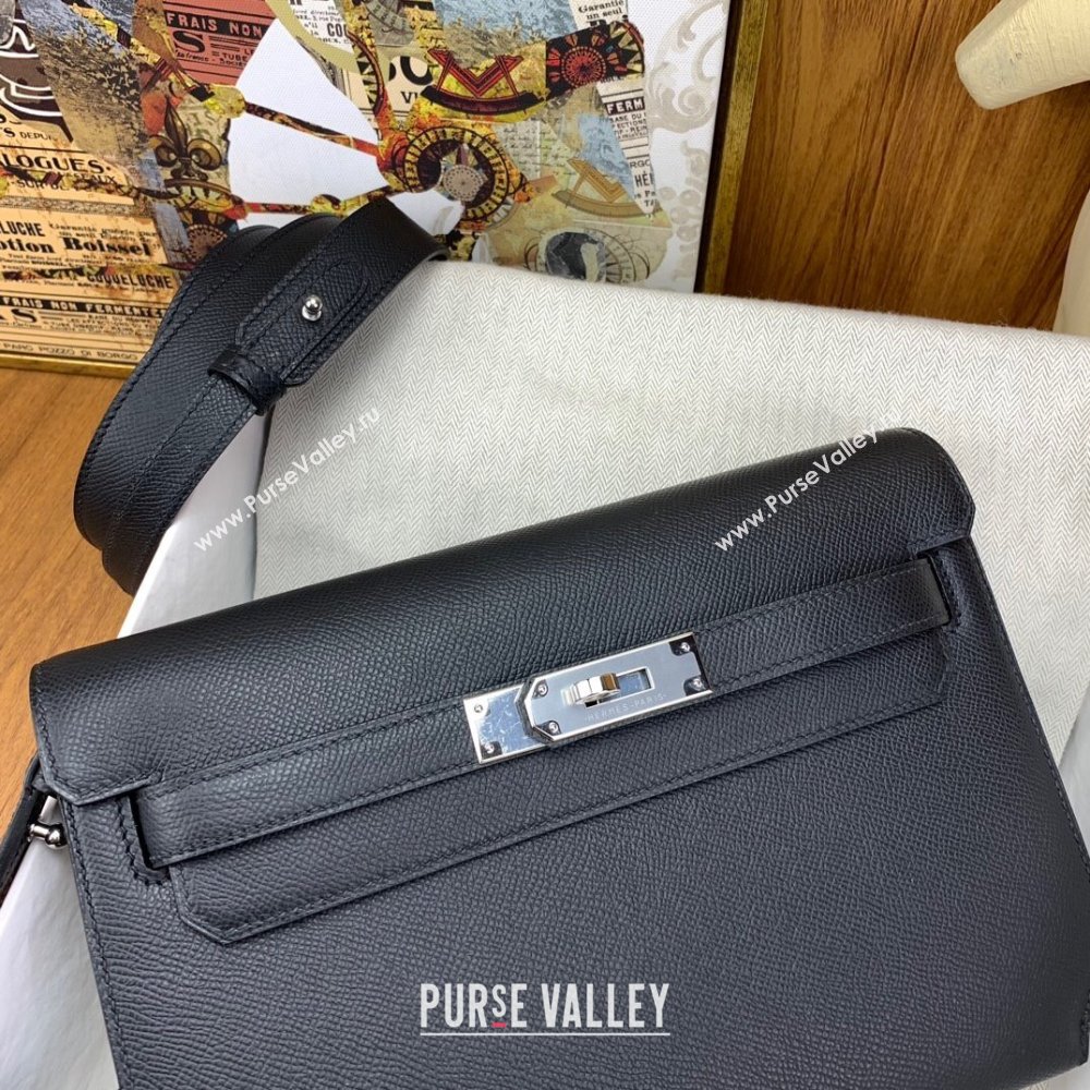 Hermes Kelly Depeches 25 Pouch in Original Epsom Leather Black/Silver 2024 (Full Handmade) (XYA-24041011)
