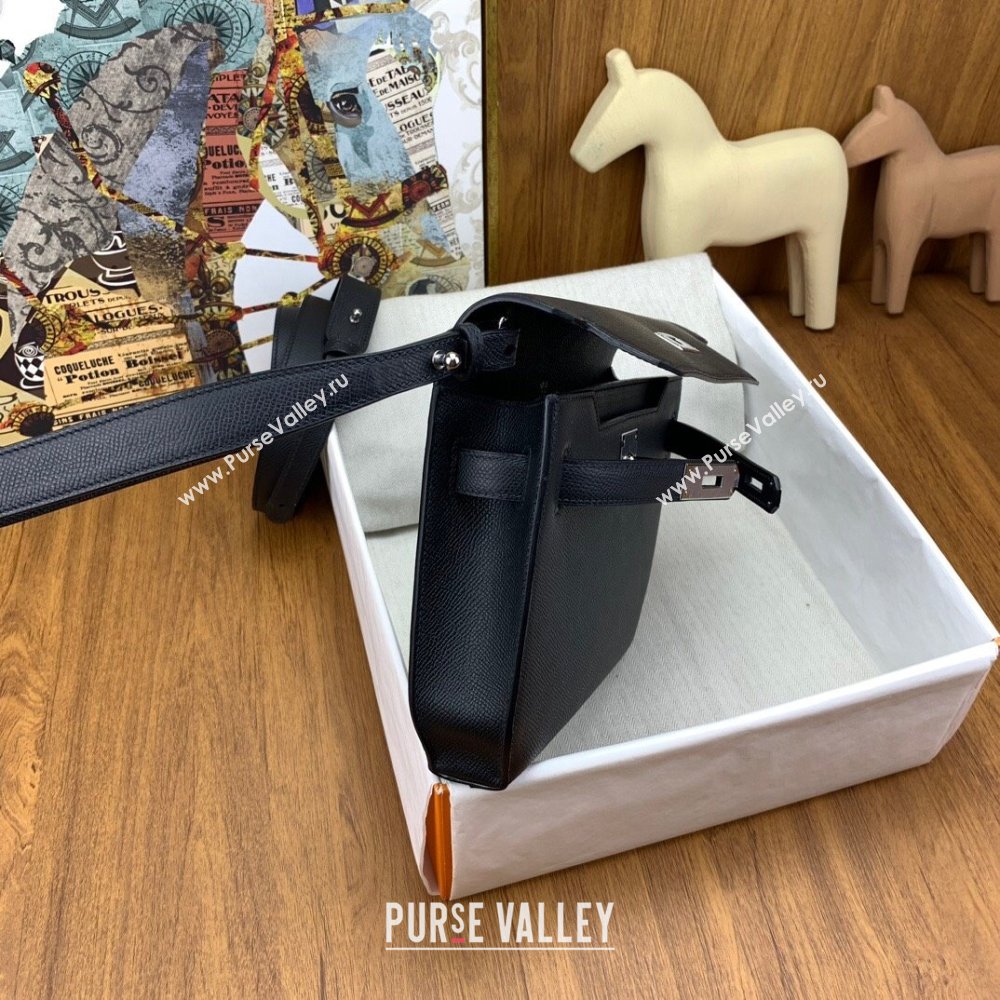 Hermes Kelly Depeches 25 Pouch in Original Epsom Leather Black/Silver 2024 (Full Handmade) (XYA-24041011)