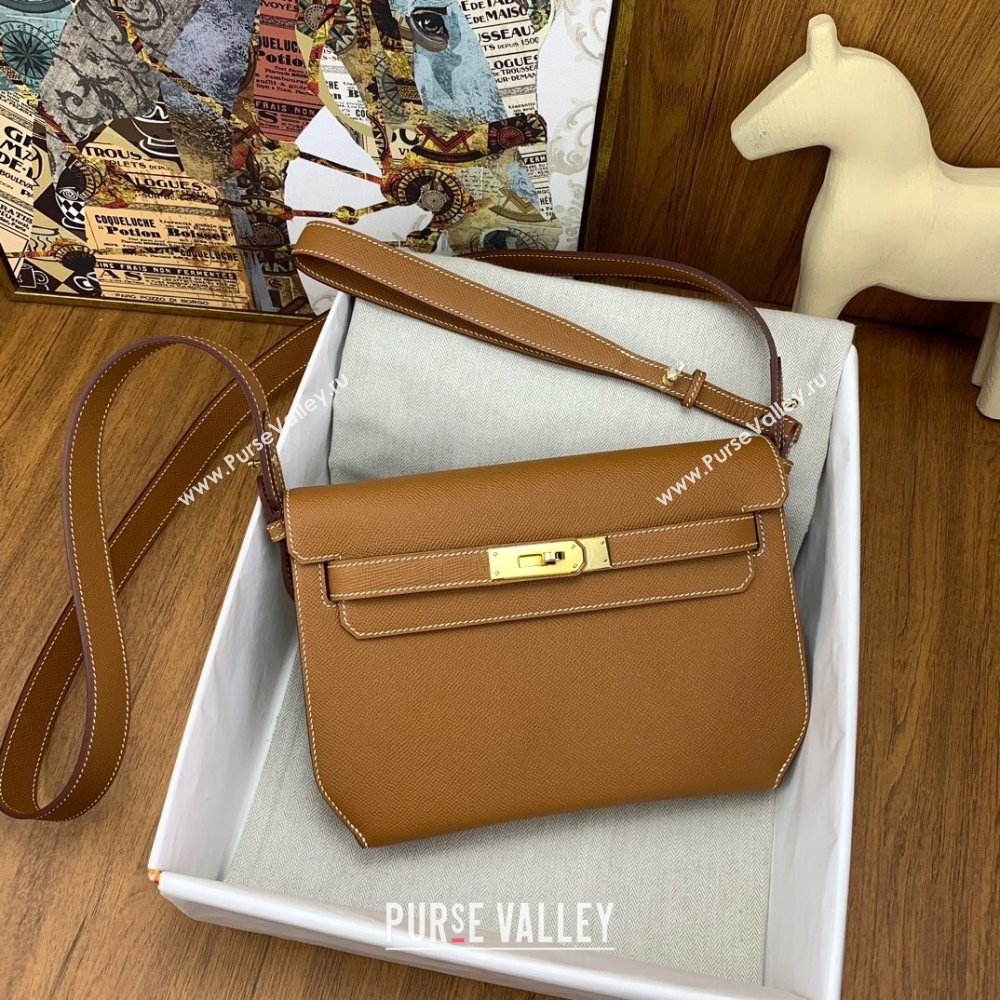 Hermes Kelly Depeches 25 Pouch in Original Epsom Leather Brown/Gold 2024 (Full Handmade) (XYA-24041012)