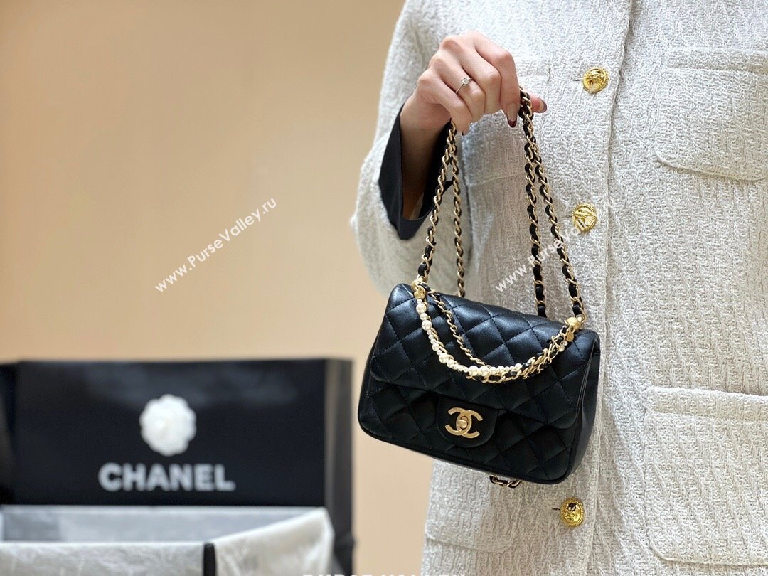 Chanel Shiny Lambskin Mini Flap Bag with Chain and Pearls AS4385 Black 2024 Top Quality (SHUNY-24091208)