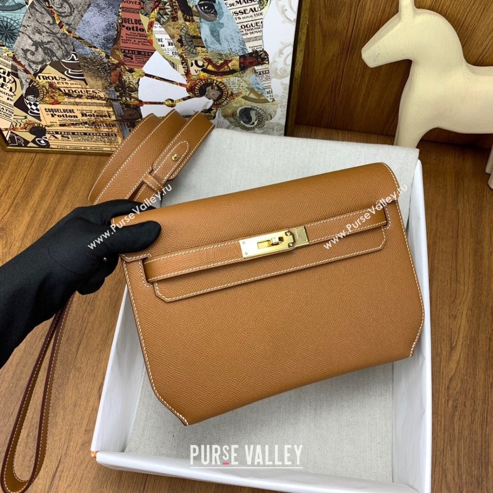 Hermes Kelly Depeches 25 Pouch in Original Epsom Leather Brown/Gold 2024 (Full Handmade) (XYA-24041012)
