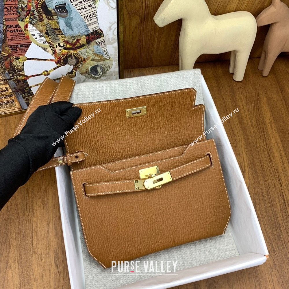 Hermes Kelly Depeches 25 Pouch in Original Epsom Leather Brown/Gold 2024 (Full Handmade) (XYA-24041012)