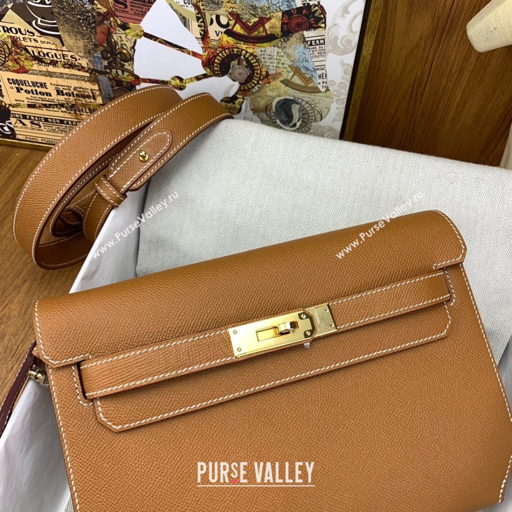 Hermes Kelly Depeches 25 Pouch in Original Epsom Leather Brown/Gold 2024 (Full Handmade) (XYA-24041012)