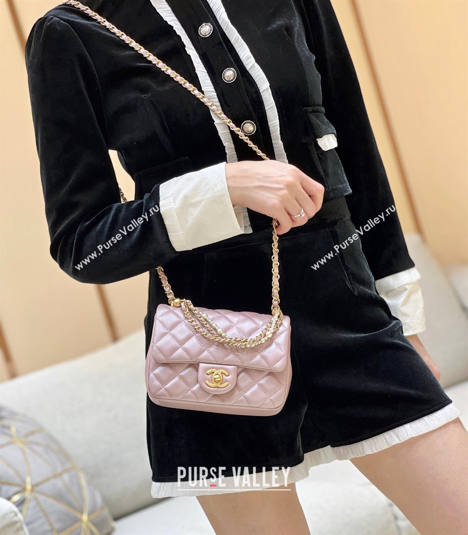 Chanel Shiny Lambskin Mini Flap Bag with Chain and Pearls AS4385 Pink 2024 Top Quality (SHUNY-24091209)