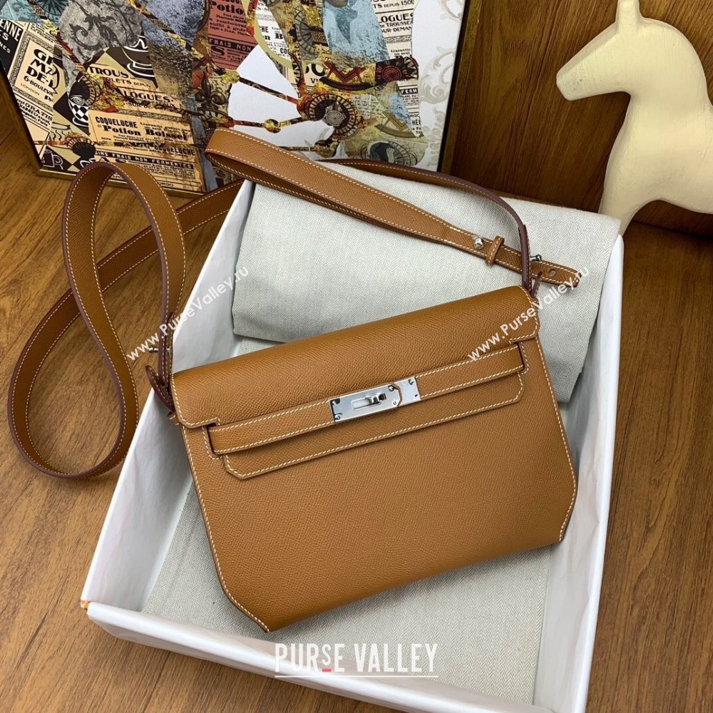 Hermes Kelly Depeches 25 Pouch in Original Epsom Leather Brown/Silver 2024 (Full Handmade) (XYA-24041013)