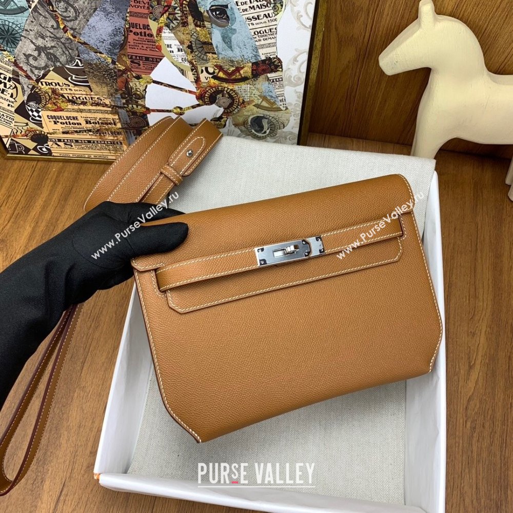 Hermes Kelly Depeches 25 Pouch in Original Epsom Leather Brown/Silver 2024 (Full Handmade) (XYA-24041013)
