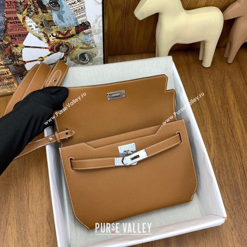 Hermes Kelly Depeches 25 Pouch in Original Epsom Leather Brown/Silver 2024 (Full Handmade) (XYA-24041013)