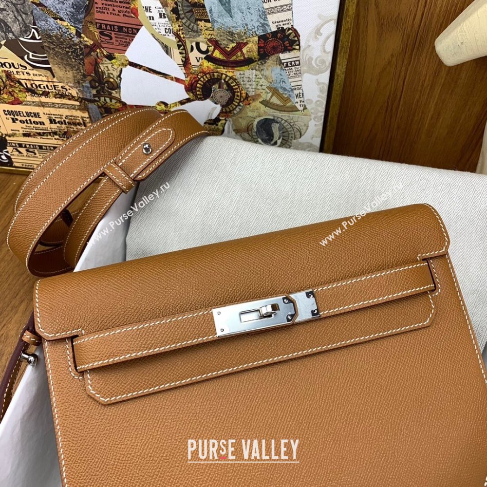 Hermes Kelly Depeches 25 Pouch in Original Epsom Leather Brown/Silver 2024 (Full Handmade) (XYA-24041013)