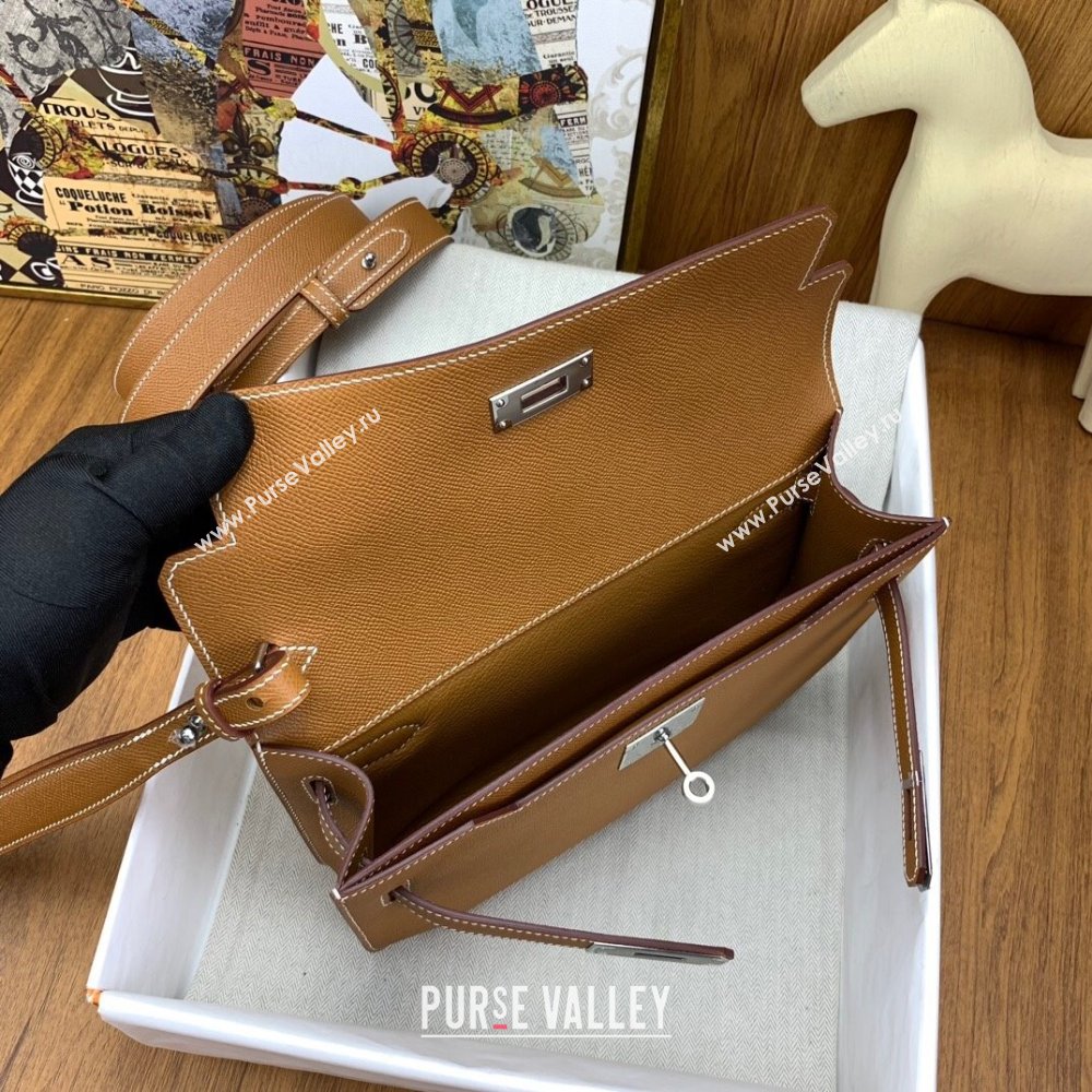 Hermes Kelly Depeches 25 Pouch in Original Epsom Leather Brown/Silver 2024 (Full Handmade) (XYA-24041013)