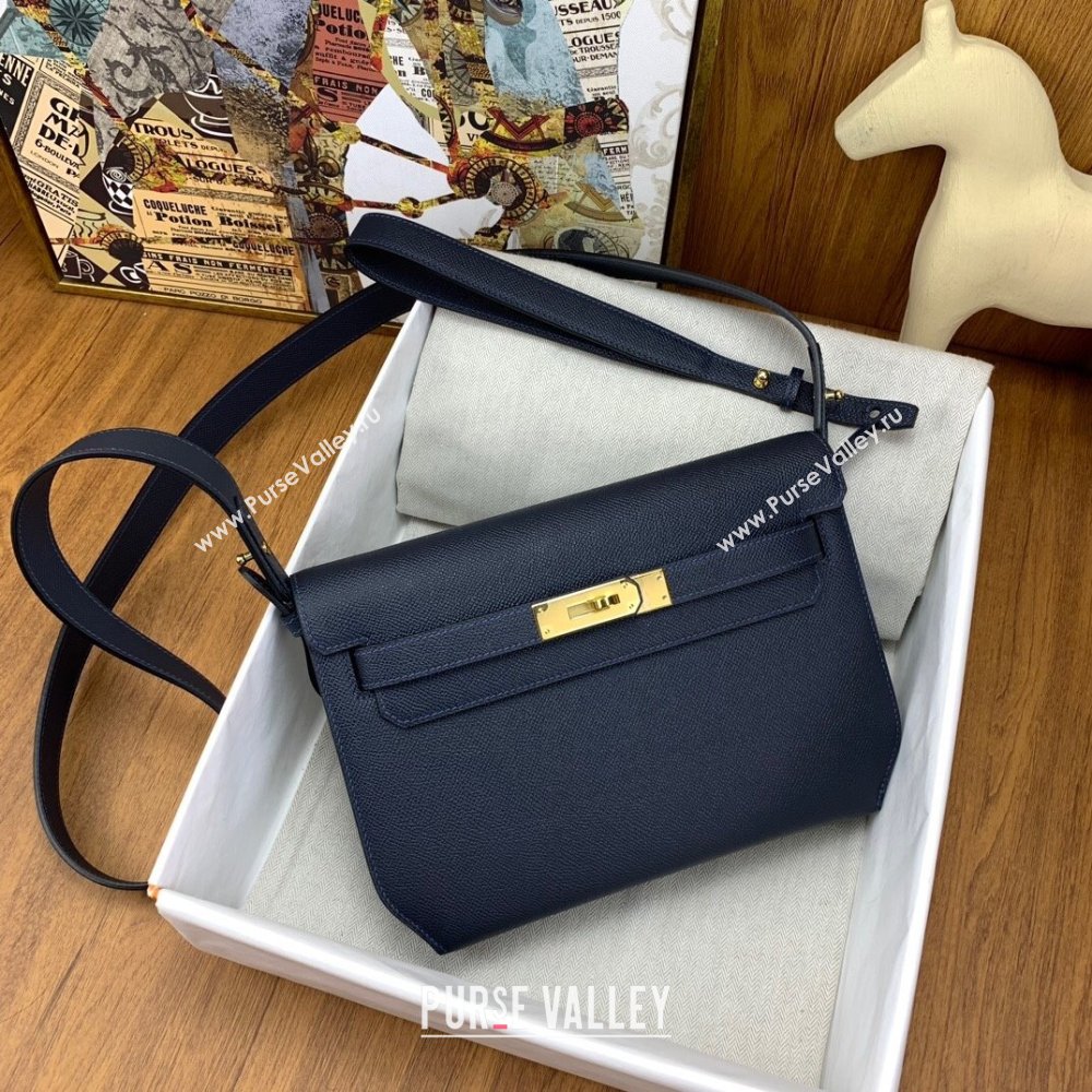 Hermes Kelly Depeches 25 Pouch in Original Epsom Leather Deep Blue/Gold 2024 (Full Handmade) (XYA-24041014)
