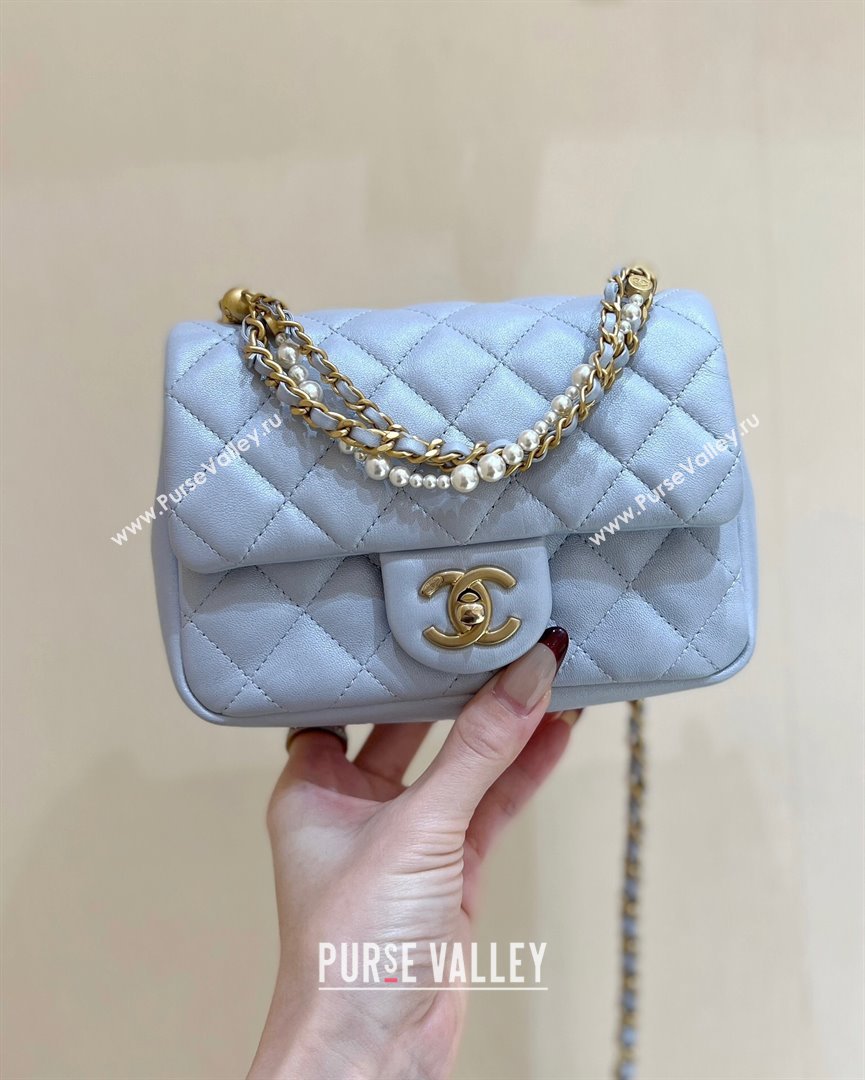 Chanel Shiny Lambskin Mini Flap Bag with Chain and Pearls AS4385 Light Blue 2024 Top Quality (SHUNY-24091211)