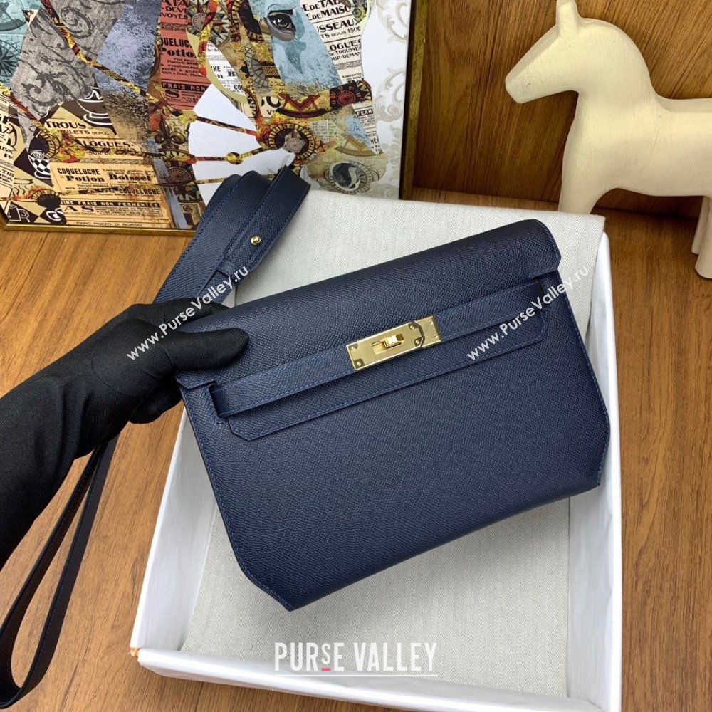 Hermes Kelly Depeches 25 Pouch in Original Epsom Leather Deep Blue/Gold 2024 (Full Handmade) (XYA-24041014)