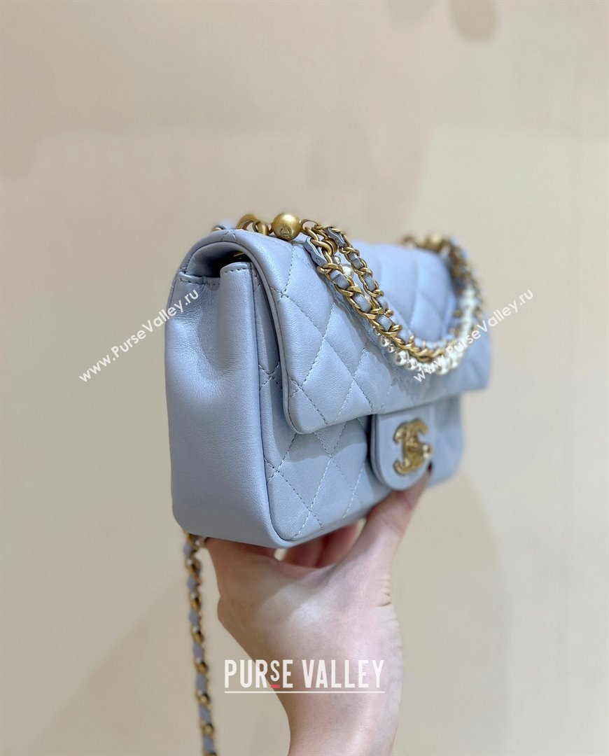 Chanel Shiny Lambskin Mini Flap Bag with Chain and Pearls AS4385 Light Blue 2024 Top Quality (SHUNY-24091211)