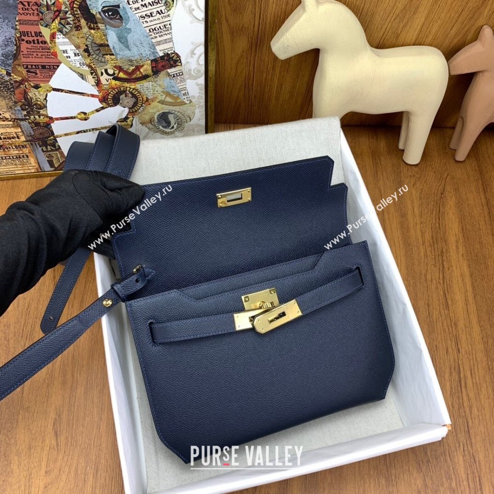 Hermes Kelly Depeches 25 Pouch in Original Epsom Leather Deep Blue/Gold 2024 (Full Handmade) (XYA-24041014)
