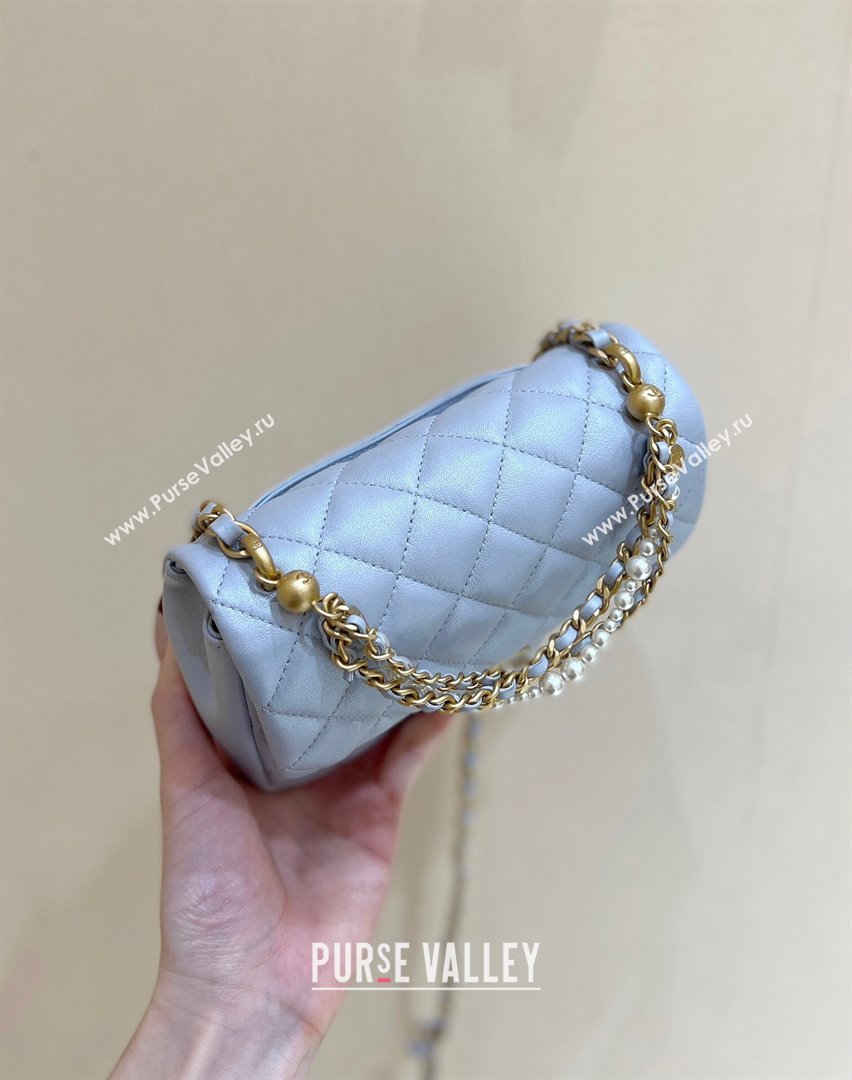 Chanel Shiny Lambskin Mini Flap Bag with Chain and Pearls AS4385 Light Blue 2024 Top Quality (SHUNY-24091211)