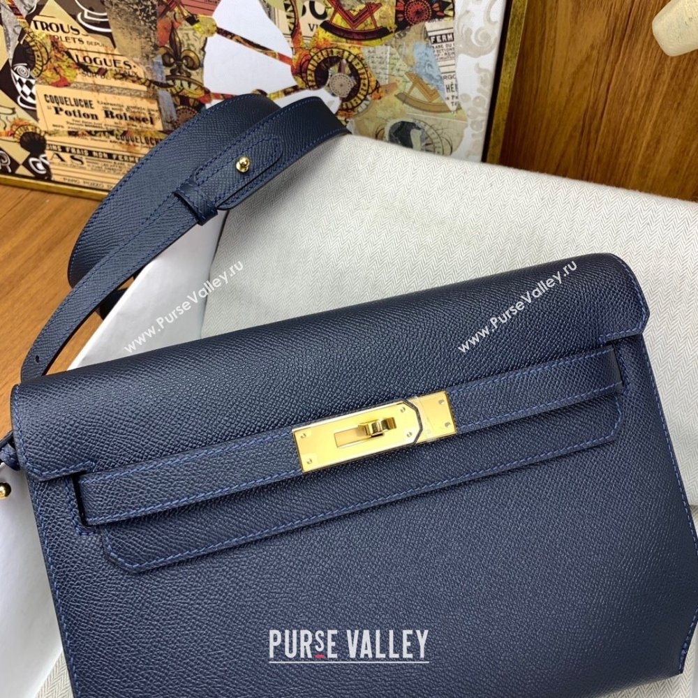 Hermes Kelly Depeches 25 Pouch in Original Epsom Leather Deep Blue/Gold 2024 (Full Handmade) (XYA-24041014)