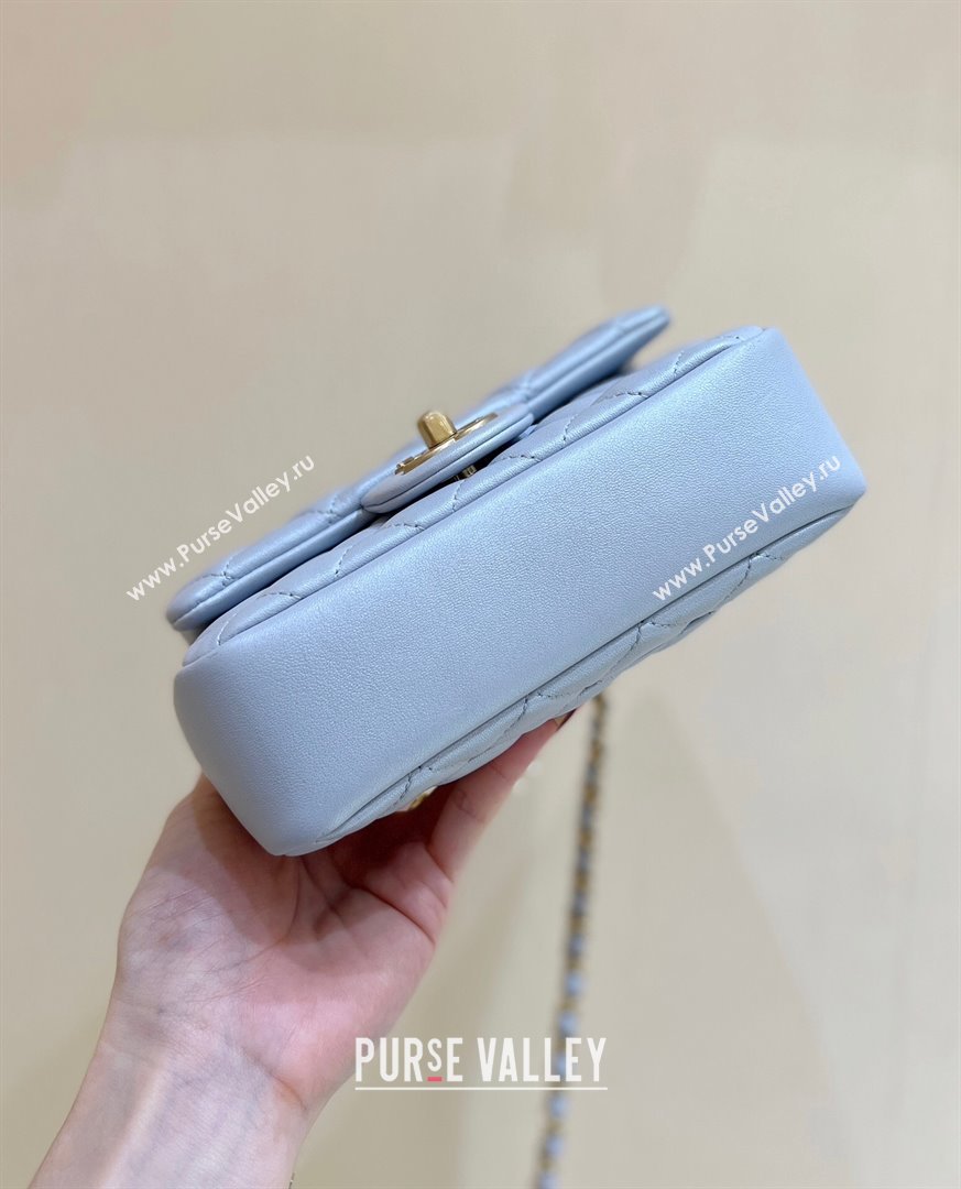 Chanel Shiny Lambskin Mini Flap Bag with Chain and Pearls AS4385 Light Blue 2024 Top Quality (SHUNY-24091211)