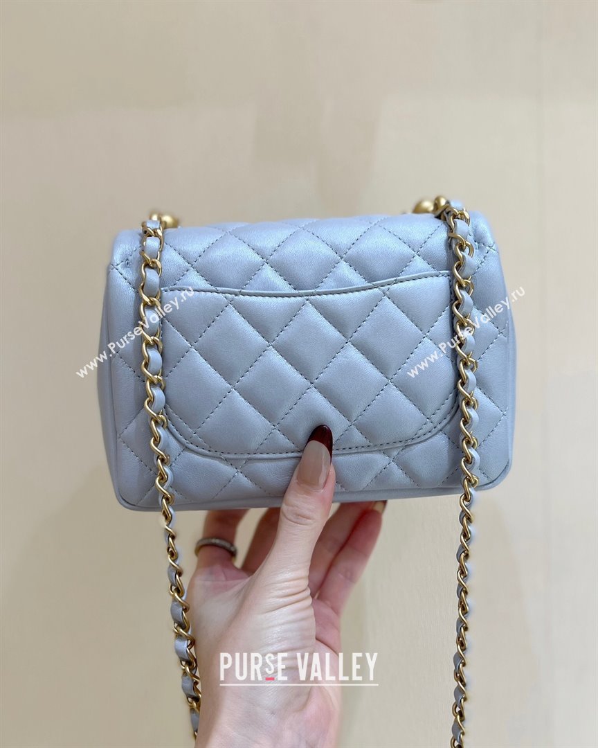 Chanel Shiny Lambskin Mini Flap Bag with Chain and Pearls AS4385 Light Blue 2024 Top Quality (SHUNY-24091211)