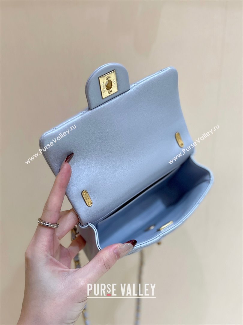 Chanel Shiny Lambskin Mini Flap Bag with Chain and Pearls AS4385 Light Blue 2024 Top Quality (SHUNY-24091211)