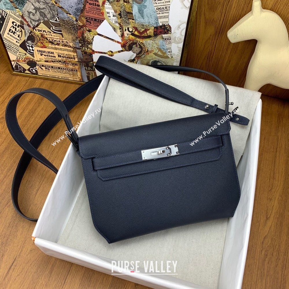 Hermes Kelly Depeches 25 Pouch in Original Epsom Leather Deep Blue/Silver 2024 (Full Handmade) (XYA-24041015)