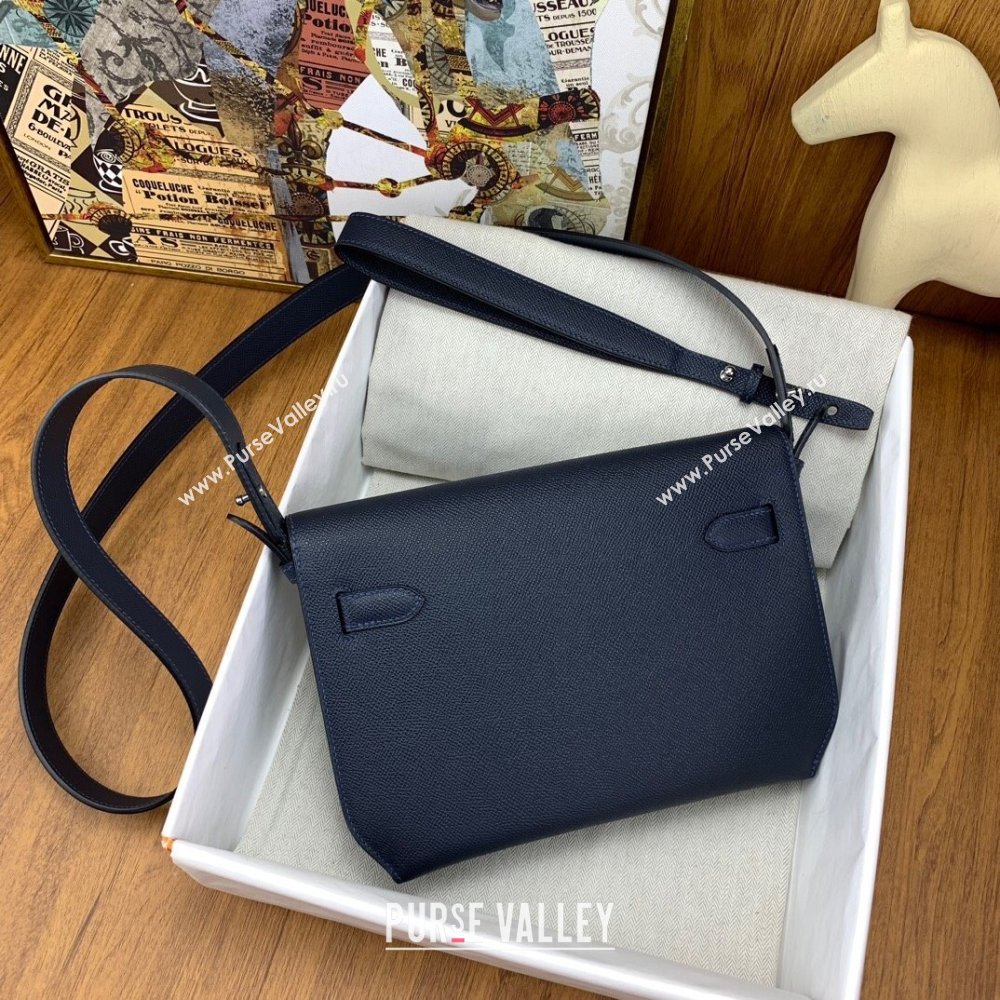 Hermes Kelly Depeches 25 Pouch in Original Epsom Leather Deep Blue/Silver 2024 (Full Handmade) (XYA-24041015)