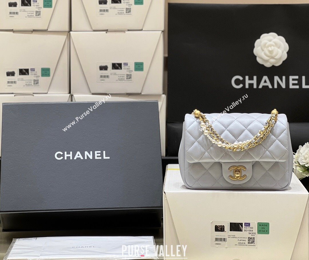 Chanel Shiny Lambskin Mini Flap Bag with Chain and Pearls AS4385 Light Blue 2024 Top Quality (SHUNY-24091211)