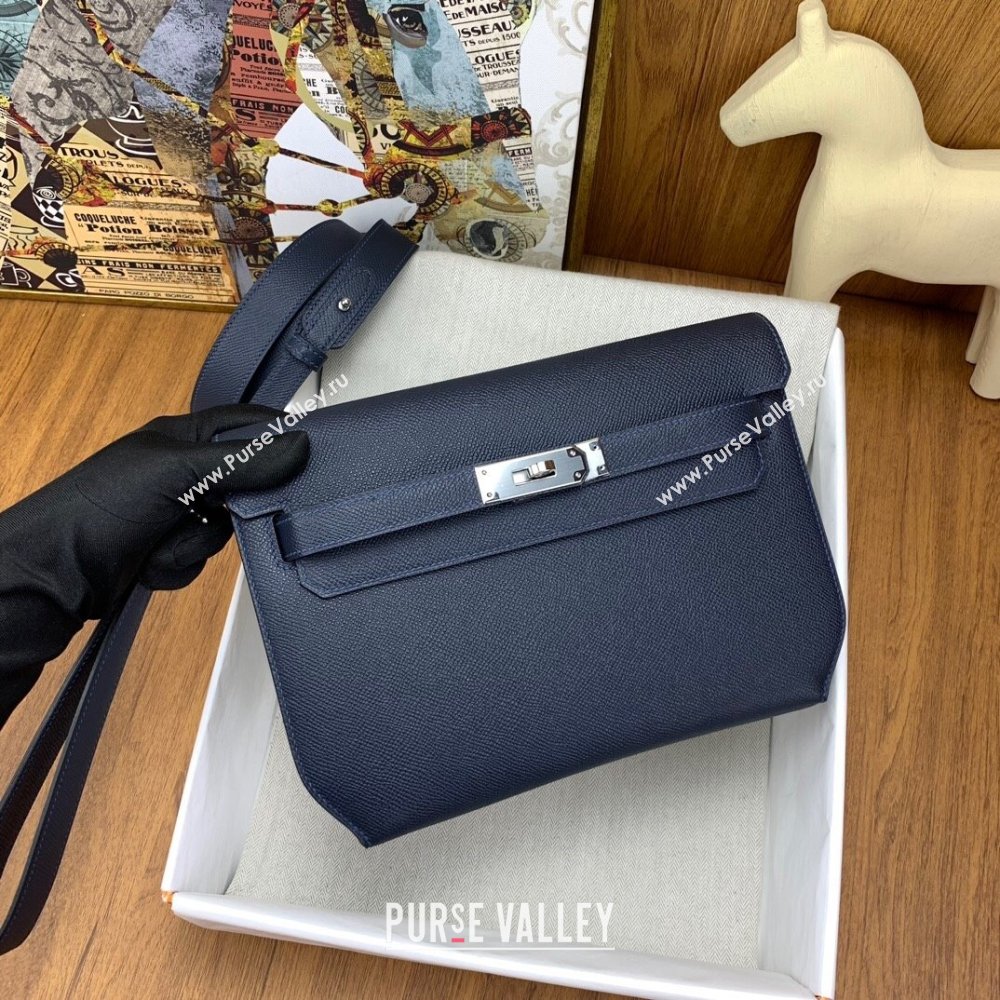 Hermes Kelly Depeches 25 Pouch in Original Epsom Leather Deep Blue/Silver 2024 (Full Handmade) (XYA-24041015)