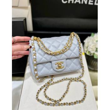 Chanel Shiny Lambskin Mini Flap Bag with Chain and Pearls AS4385 Light Blue 2024 Top Quality (SHUNY-24091211)