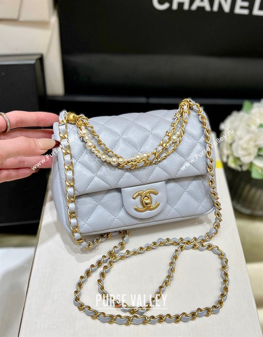 Chanel Shiny Lambskin Mini Flap Bag with Chain and Pearls AS4385 Light Blue 2024 Top Quality (SHUNY-24091211)