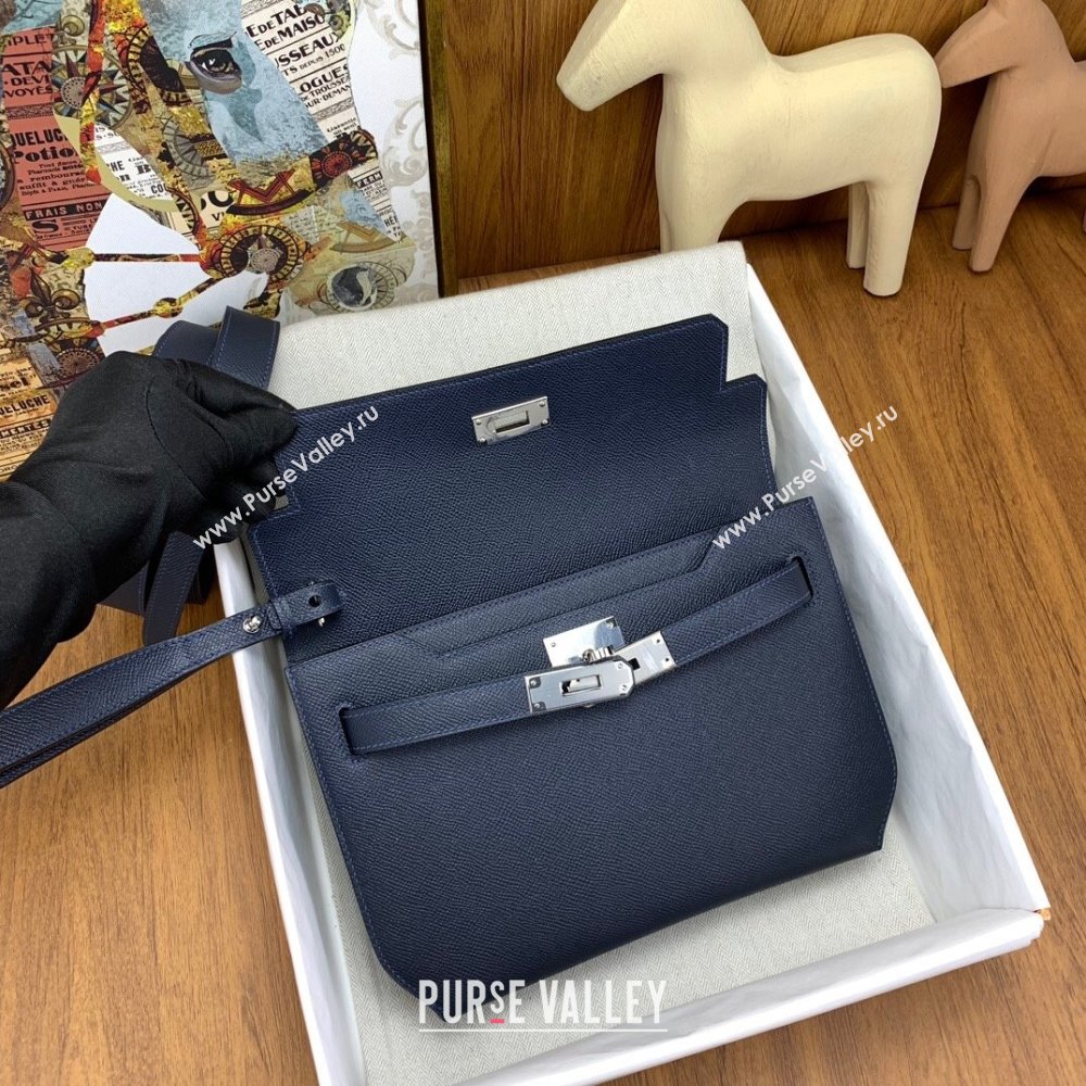 Hermes Kelly Depeches 25 Pouch in Original Epsom Leather Deep Blue/Silver 2024 (Full Handmade) (XYA-24041015)